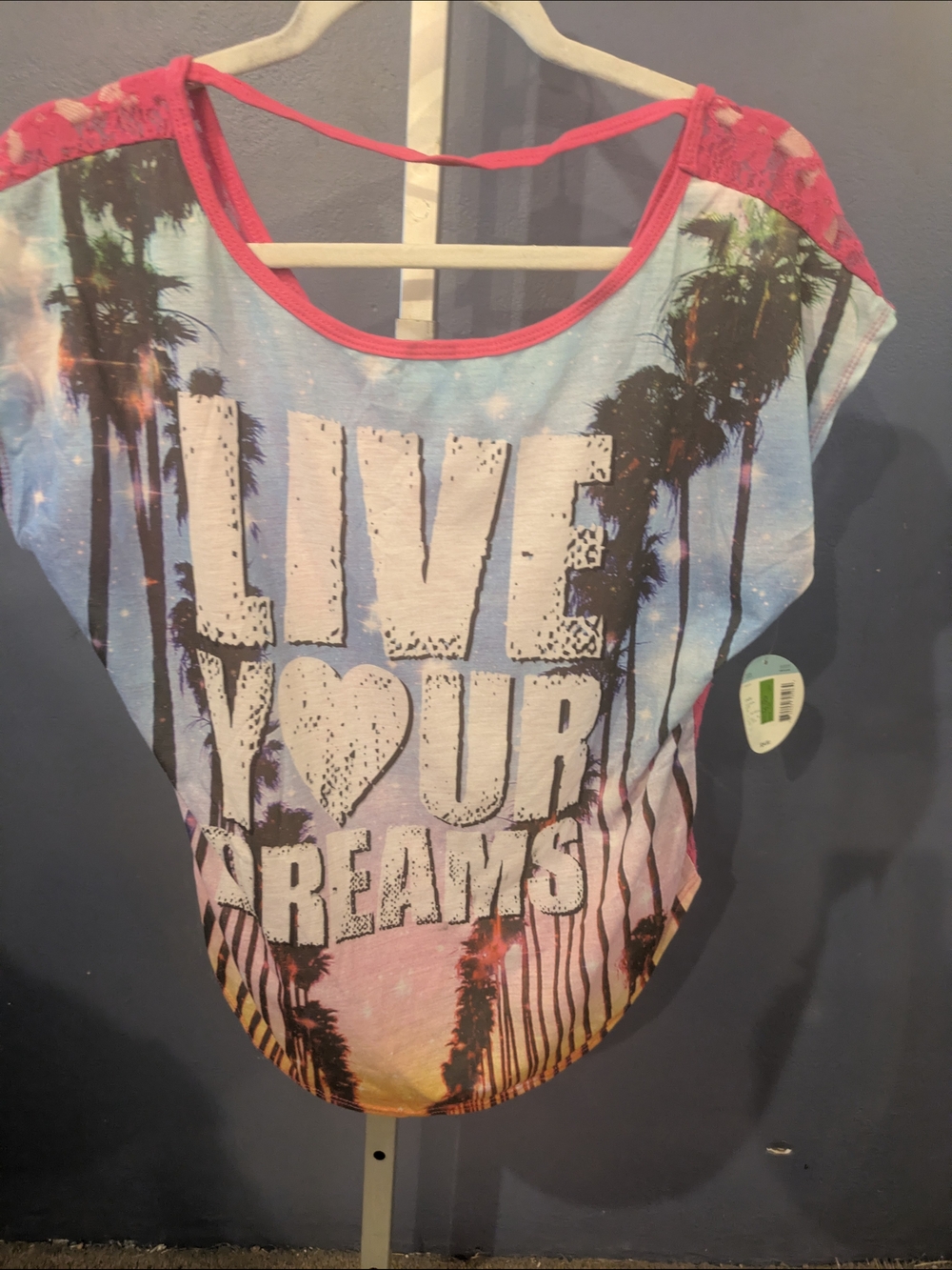 BONGO Jr Medium Hot Pink Lace-back Tee Coverup "Live Your Dreams"